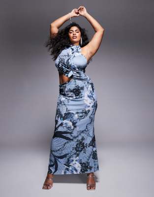 ASOS DESIGN Curve - Ärmelloses, hochgeschlossenes Maxikleid mit blauem Blumenmuster-Bunt