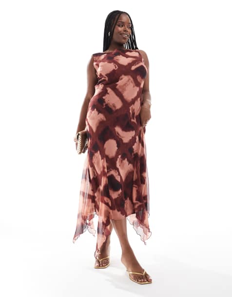ASOS DESIGN Curve – Ärmelloses Midaxi-Kleid in verschwommenem Burgunder kariert mit Godet-Details - view 1