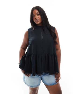 ASOS DESIGN Curve - Ärmelloses Schößchenoberteil in Schwarz mit Bindebändern hinten
