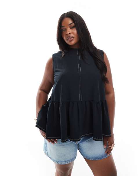 ASOS DESIGN Curve – Ärmelloses Schößchenoberteil in Schwarz mit Bindebändern hinten - view 1