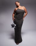 [ASOS Curve] ASOS DESIGN Curve artwork hotfix one shoulder maxi dress with open back in charcoal-Grey 18 Charcoal
