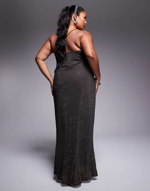 ASOS DESIGN Curve artwork hotfix one-shoulder maxi dress with open