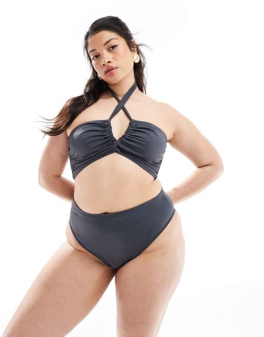 ASOS DESIGN Curve Ashley Bikinihose in Schiefergrau mit hohem Beinausschnitt und hohem Bund ASOS