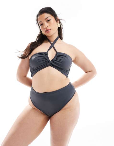  ASOS DESIGN Curve Ashley high leg high waist bikini bottom in slate grey - view 1