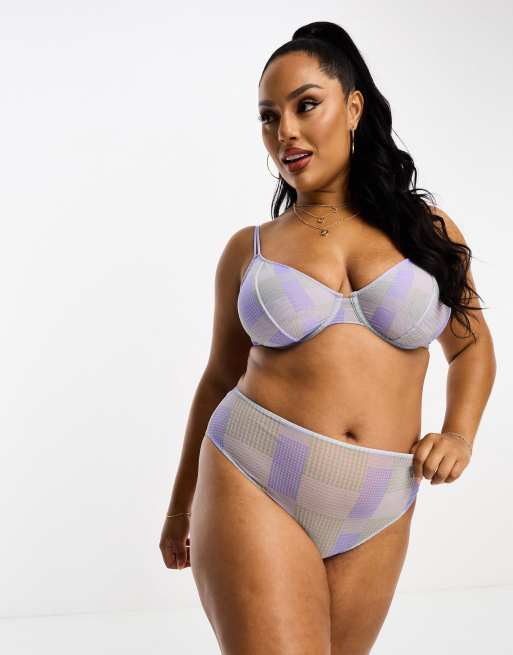 ASOS DESIGN Curve Astrid contrast mesh high leg thong in purple and blue