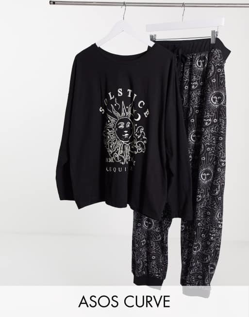 ASOS DESIGN Curve astrology drop armhole tee & cuffed sweatpants pajama set in black