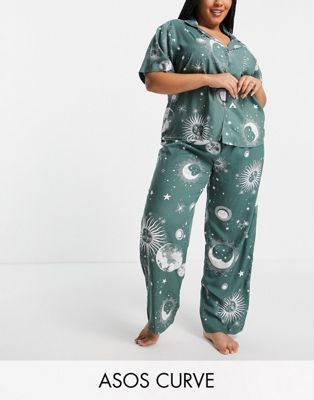 ASOS DESIGN Curve astrology print 100% modal shirt & trouser pyjama set in sage - ASOS Price Checker