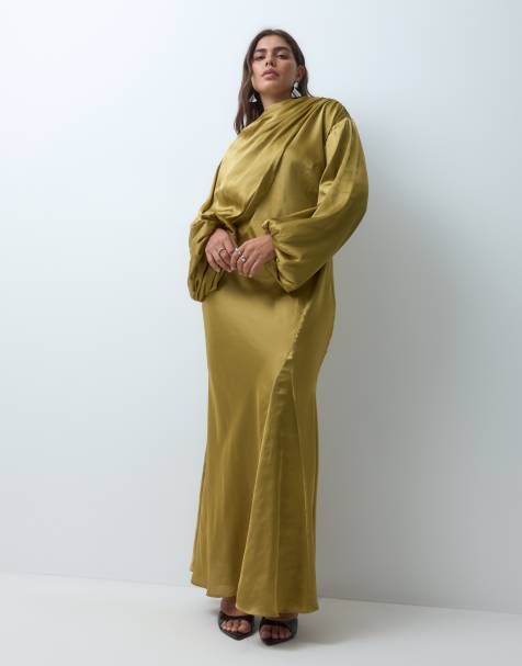 ASOS DESIGN Curve asymmetric blouson sleeve satin maxi dress in yellow