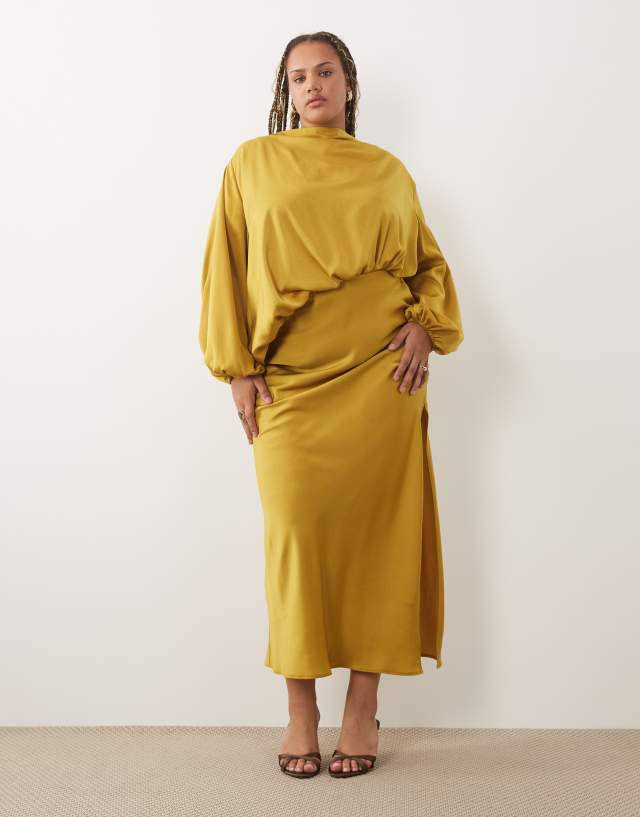 ASOS DESIGN Curve asymmetric bodice midaxi dress with blouson sleeves in olive green