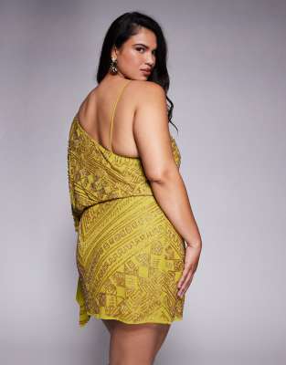 Asos Curve Asos Design Curve Asymmetric Cape Detail Allover Embellished Mini Dress In Yellow