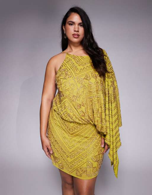 ASOS DESIGN Curve asymmetric cape detail allover embellished mini dress in chartreuse, 4 of 4