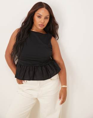 ASOS DESIGN Curve asymmetric contrast fabric peplum hem top in black