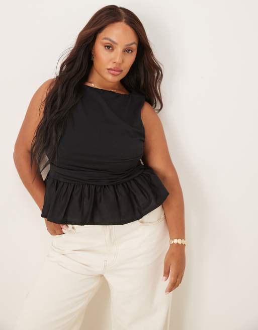 ASOS DESIGN Curve asymmetric contrast fabric peplum hem top in black