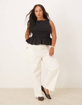 Asos Curve Asos Design Curve Asymmetric Contrast Fabric Peplum Hem Top In Black