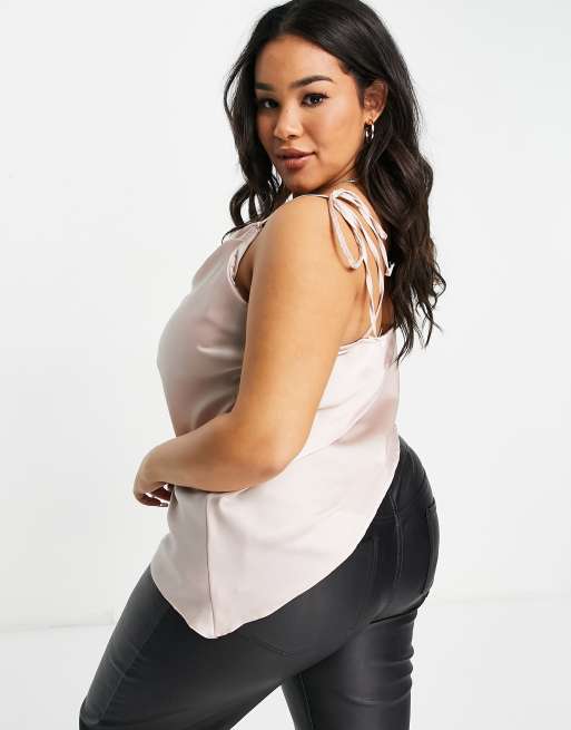 ASOS DESIGN Curve asymmetric cowl cami top with tie straps in blush, 2 of 4