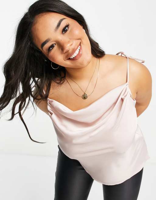 ASOS DESIGN Curve asymmetric cowl cami top with tie straps in blush, 3 of 4