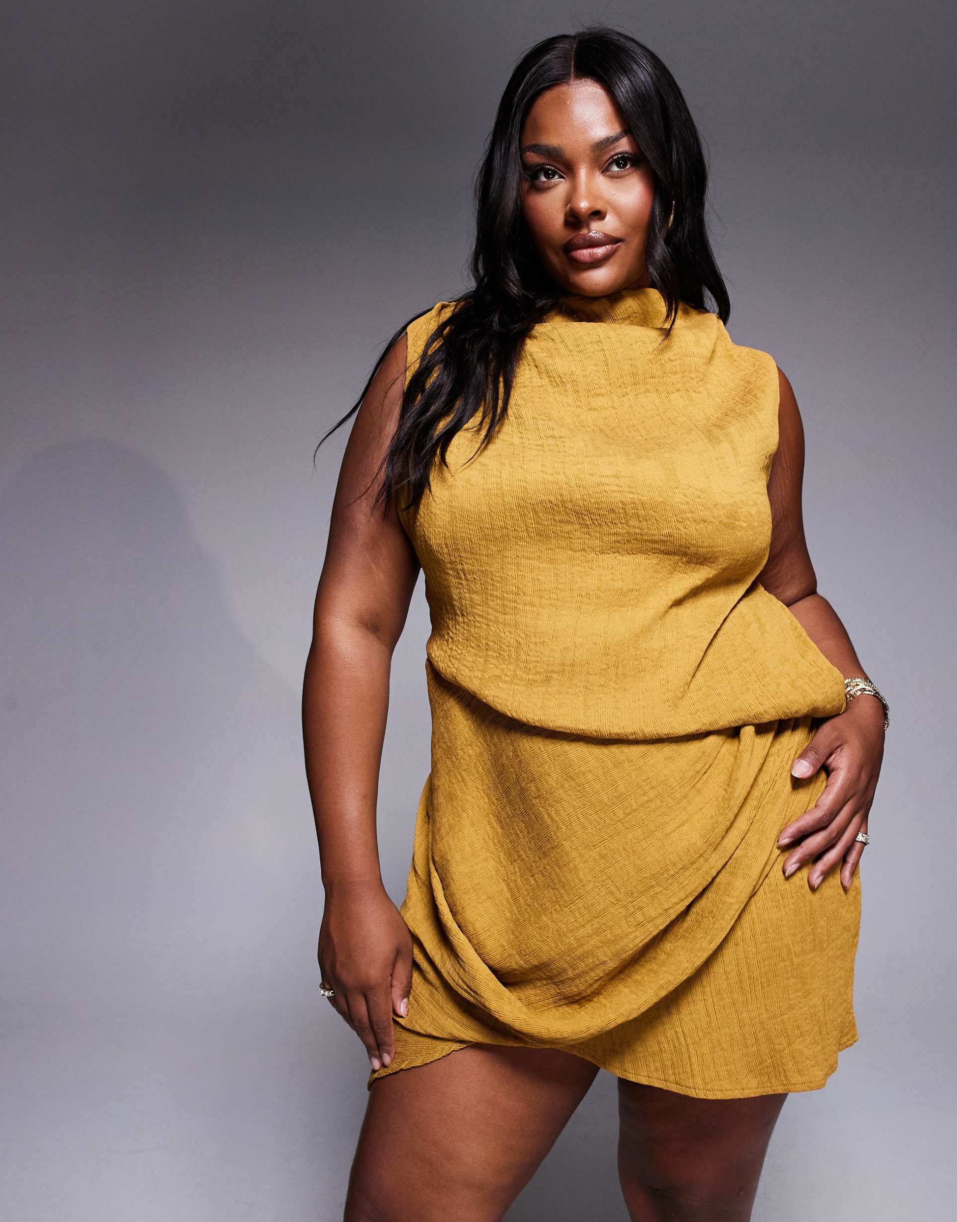 asos design curve asymmetric drape mini dress in bronze mist