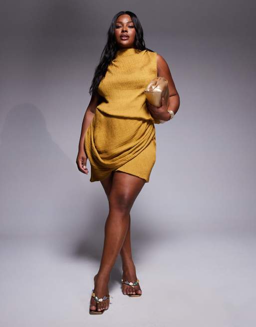 asos asymmetric drape dress ASOS DESIGN Curve asymmetric drape mini dress in bronze mist