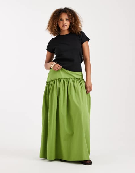 ASOS DESIGN Curve asymmetric dropped waist maxi skirt in green - view 1