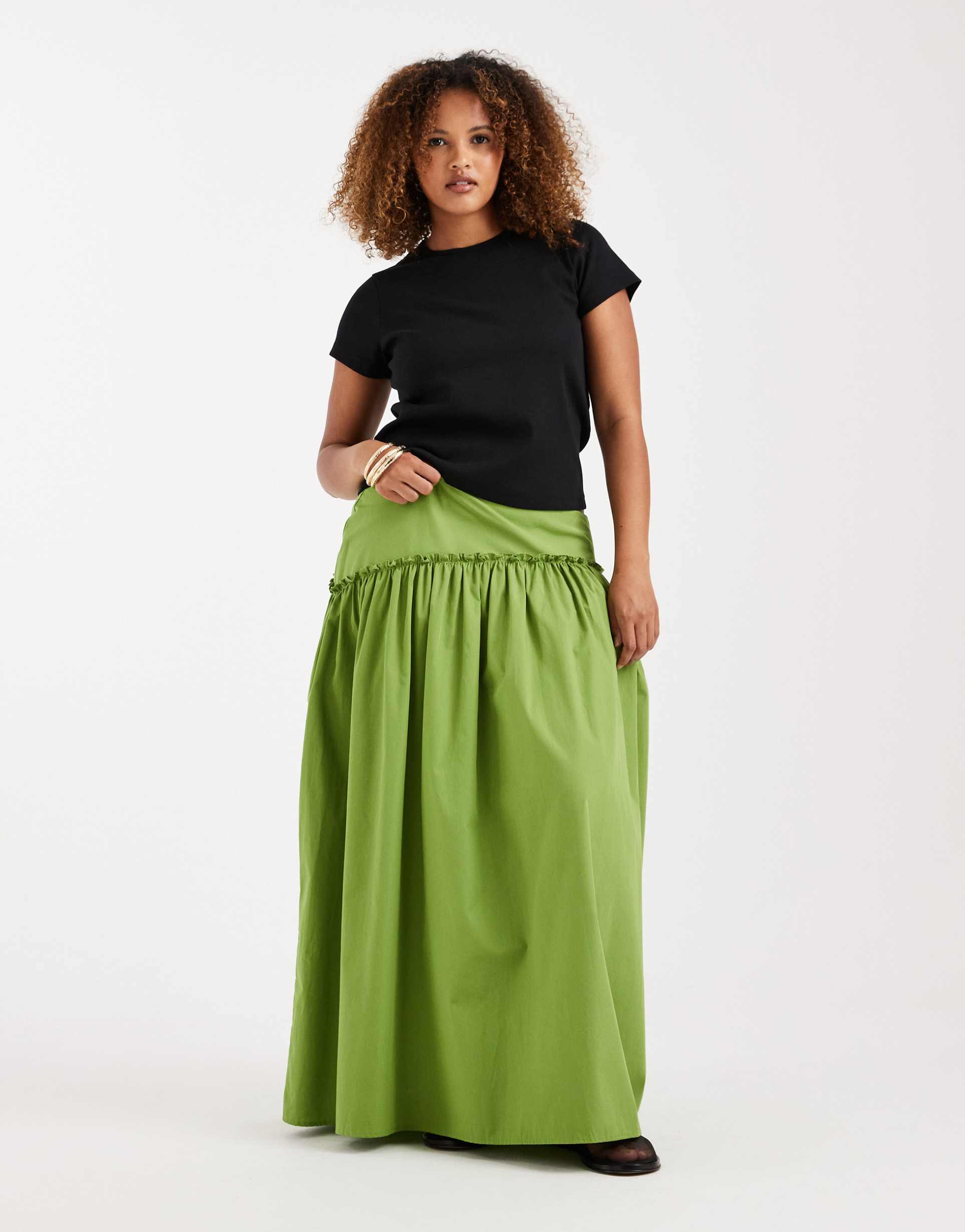 asos design curve asymmetric dropped waist maxi skirt in green