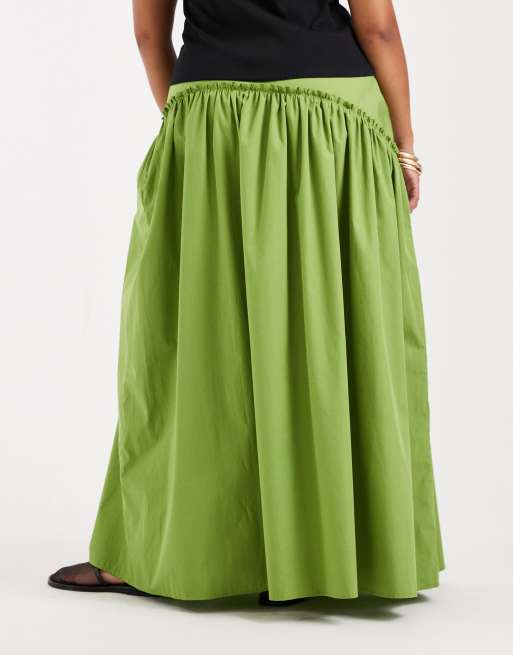 ASOS DESIGN Curve asymmetric dropped waist maxi skirt in green, 3 of 5