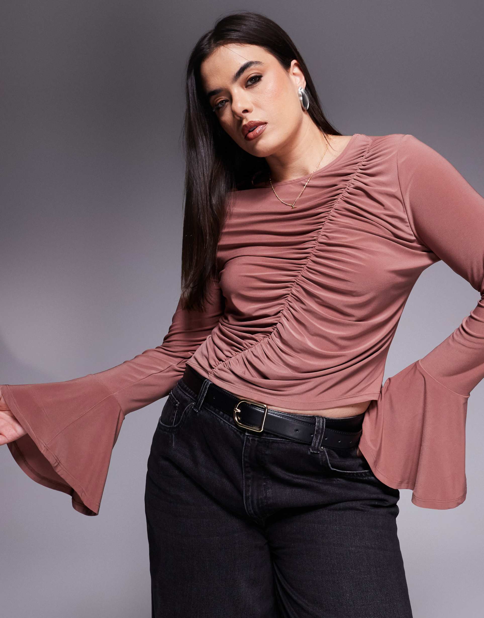 asos design curve asymmetric gathered flared long sleeve top in chestnut