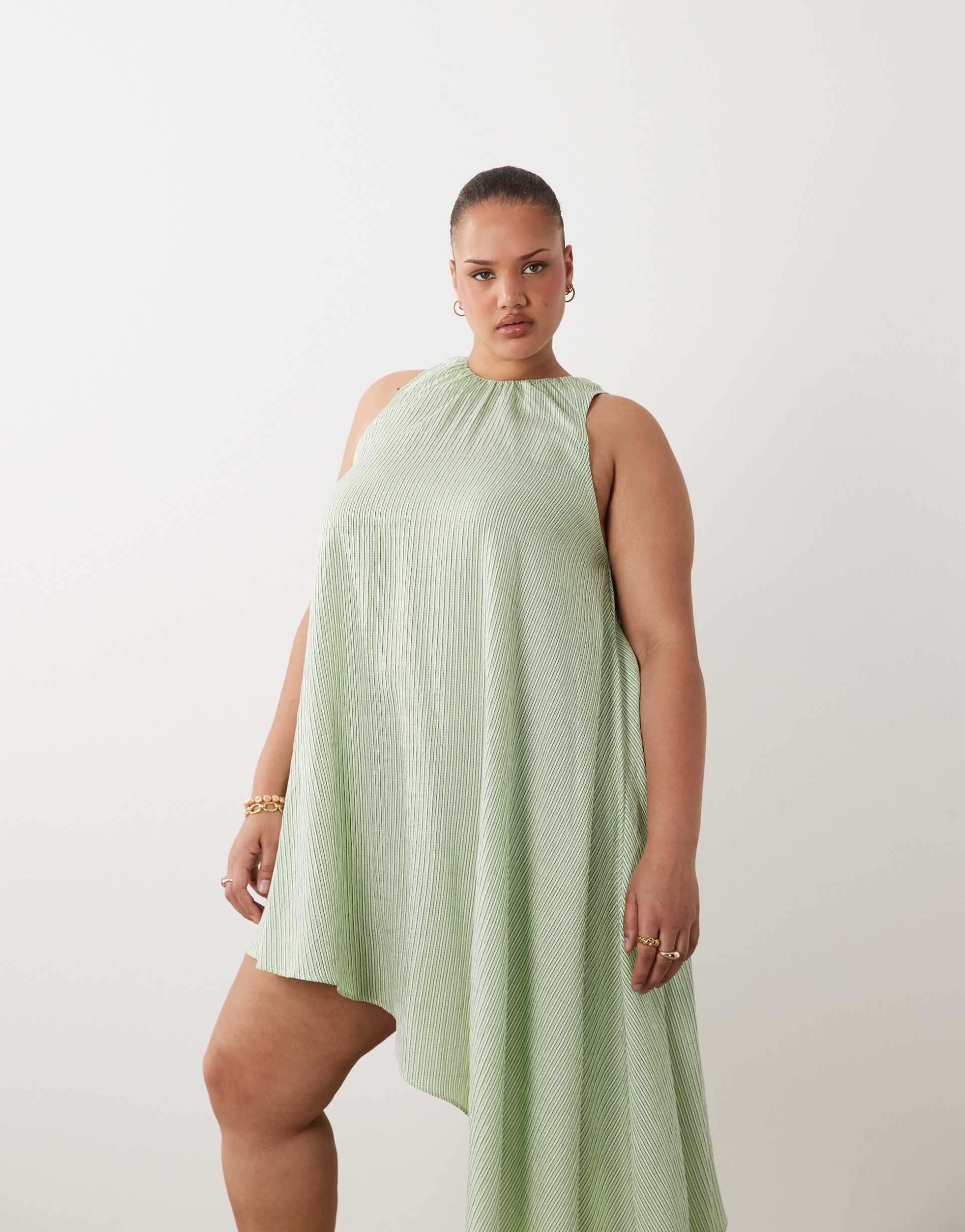 asos design curve asymmetric hem volume mini dress in green stripes