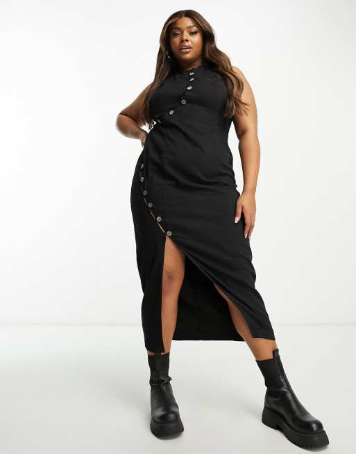  Halfbutton Dress, Black Women Halfbutton Dress Split