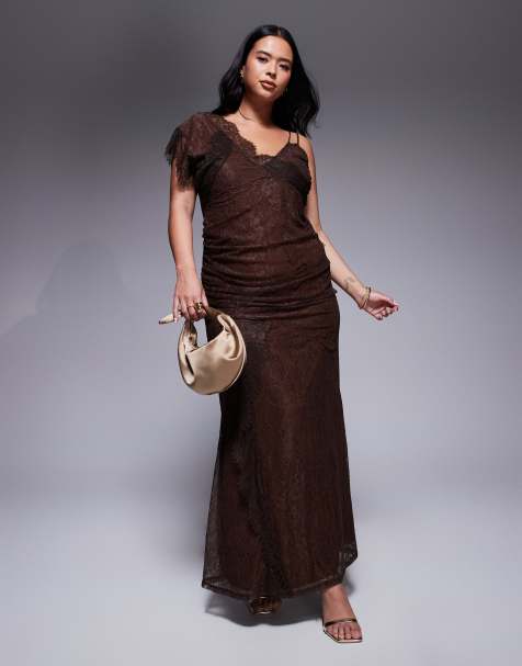 ASOS DESIGN Curve asymmetric lace strappy maxi dress with full hem in chocolate - view 1