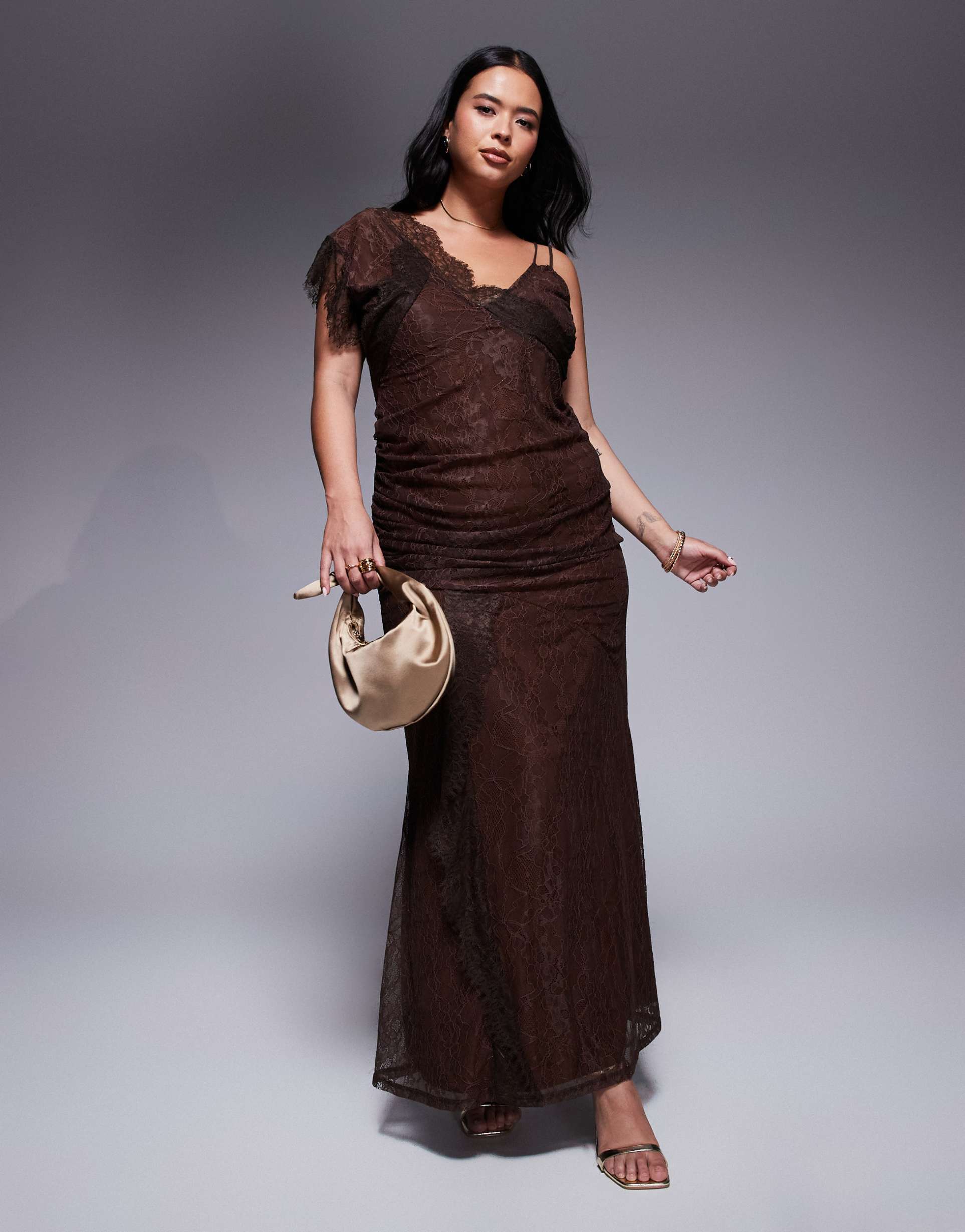 asos design curve asymmetric lace strappy maxi dress with full hem in chocolate