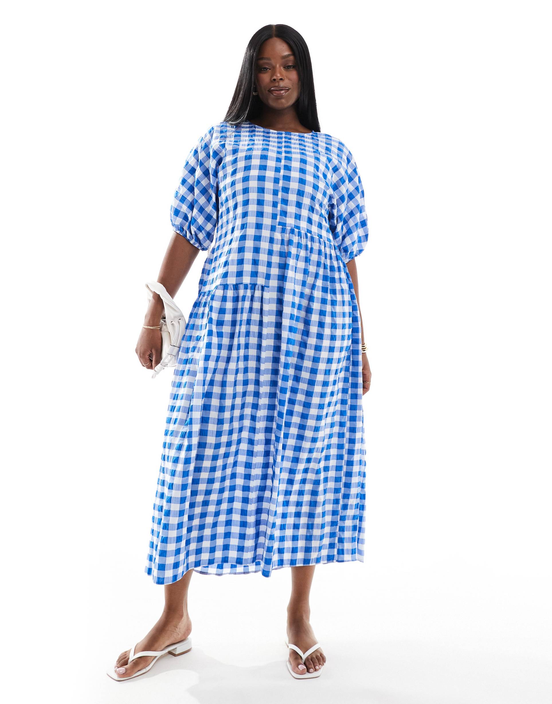 asos design curve asymmetric midi tee dress in blue gingham