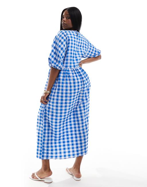 asos gingham midi dress ASOS DESIGN Curve asymmetric midi tee dress in blue gingham