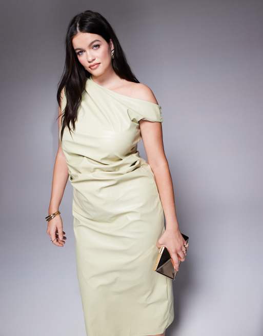 ASOS DESIGN Curve asymmetric neckline PU midi dress in sage