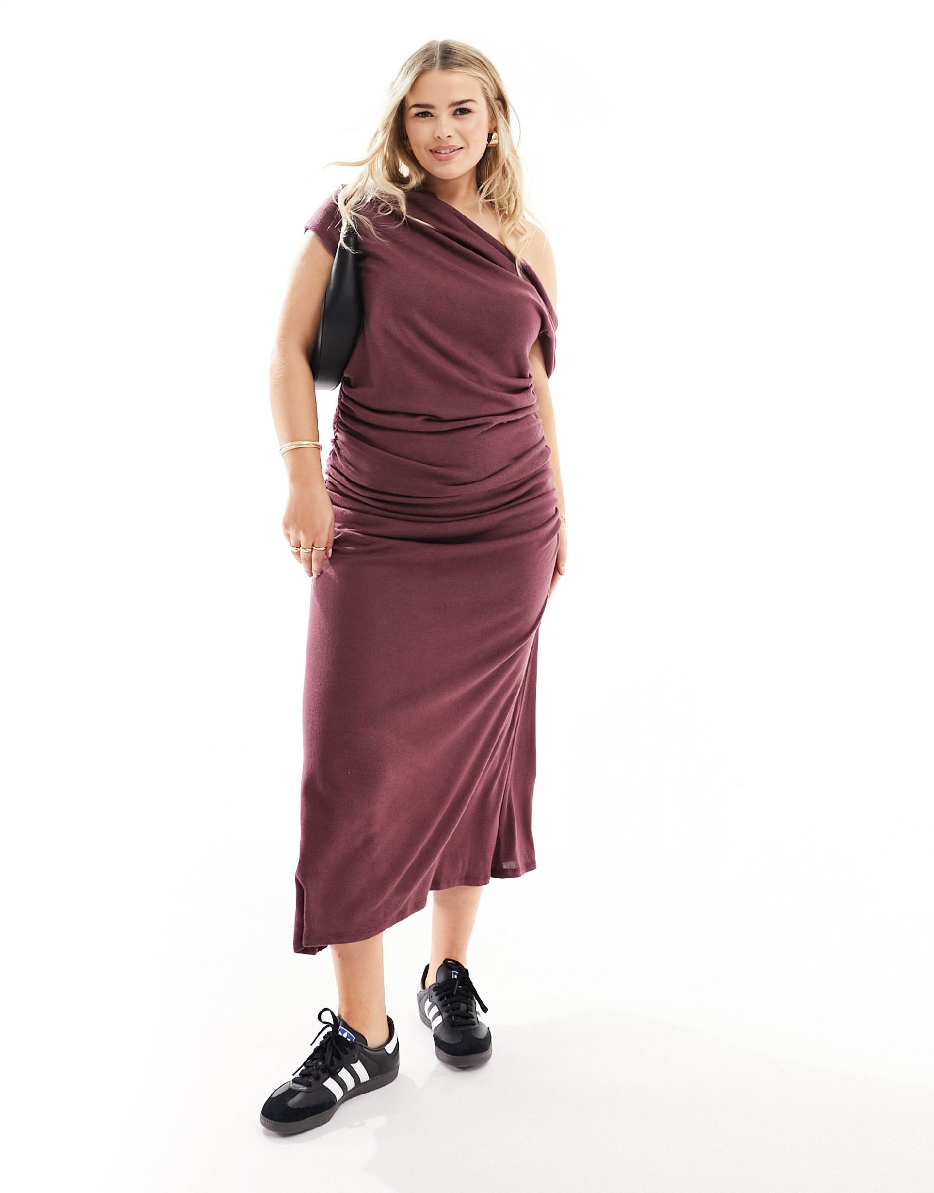 asos design curve asymmetric neckline ruched supersoft midaxi dress in burgundy