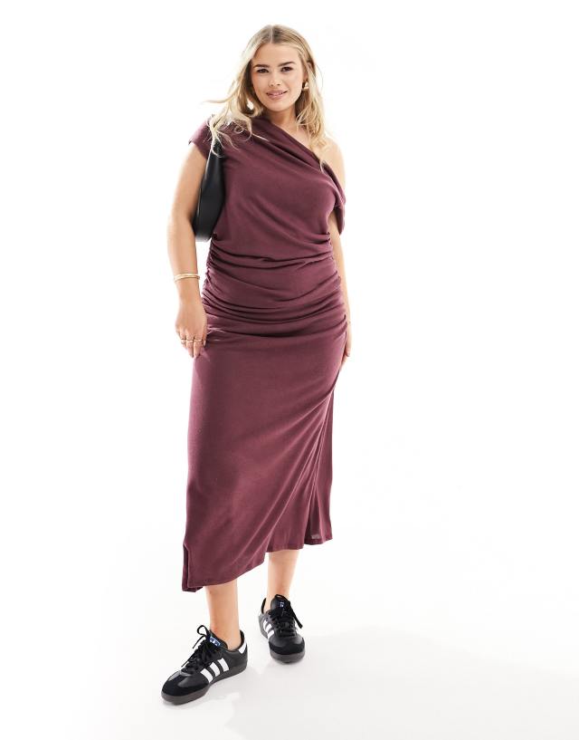 ASOS Curve - ASOS DESIGN Curve asymmetric neckline ruched supersoft midaxi dress in burgundy