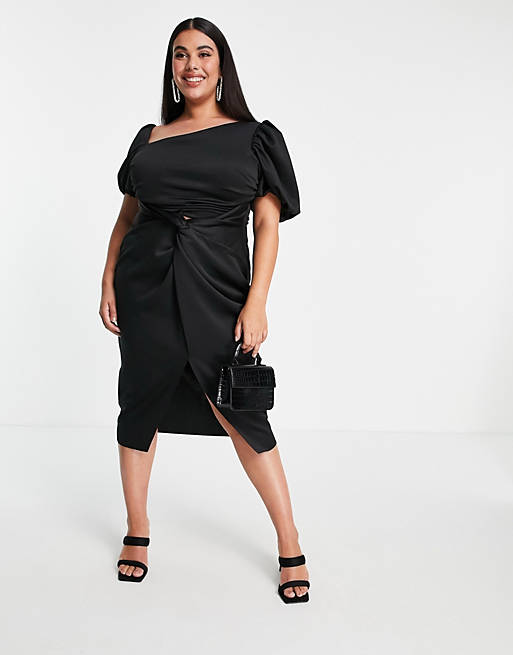 Dresses Curve asymmetric puff sleeve knot tuck midi dress in black 