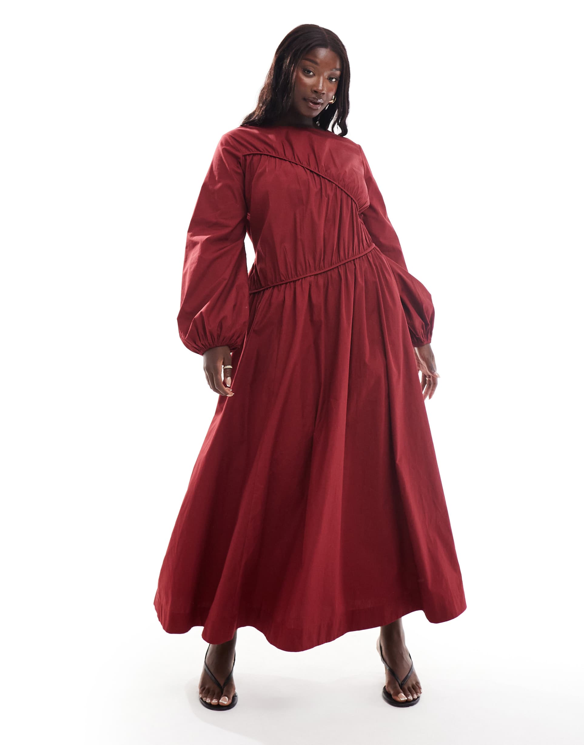 asos design curve asymmetric ruched maxi dress in burgundy