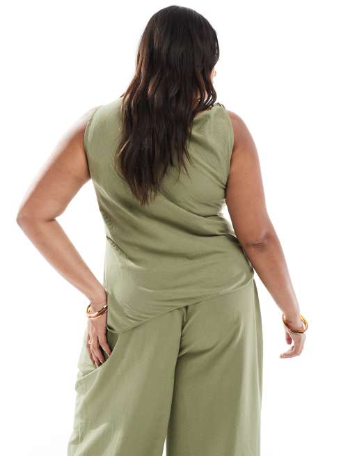 ASOS DESIGN Curve asymmetric ruched top co-ord in khaki, 3 of 4