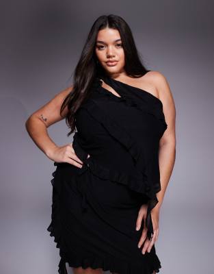 Asos Curve Asos Design Curve Asymmetric Ruffle Top With Cut Out In Black