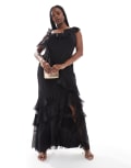 [ASOS Curve] ASOS DESIGN Curve asymmetric shoulder bias cut maxi dress with ruffle details in black 26 BLACK
