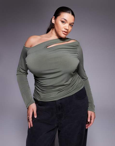 ASOS DESIGN Curve asymmetric slinky long sleeve top with cut out in dark olive