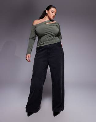 Asos Curve Asos Design Curve Asymmetric Slinky Long Sleeve Top With Cut Out In Green