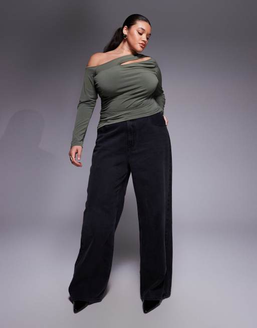 ASOS DESIGN Curve asymmetric slinky long sleeve top with cut-out in dark olive, 2 of 4