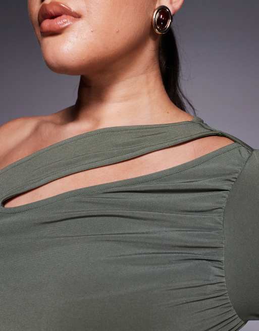 ASOS DESIGN Curve asymmetric slinky long sleeve top with cut-out in dark olive, 3 of 4