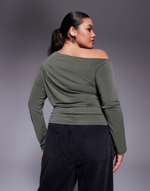 ASOS DESIGN Curve asymmetric slinky long sleeve top with cut-out in dark olive, 4 of 4