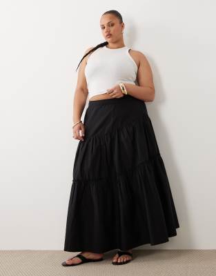 ASOS DESIGN Curve asymmetric tiered boho maxi skirt in black