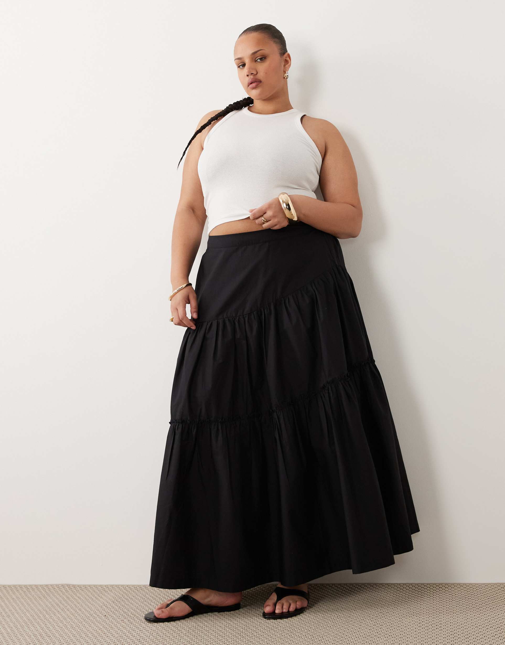 asos design curve asymmetric tiered boho maxi skirt in black