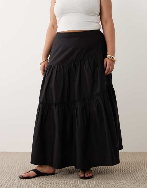 ASOS DESIGN Curve asymmetric tiered boho maxi skirt in black, 2 of 5