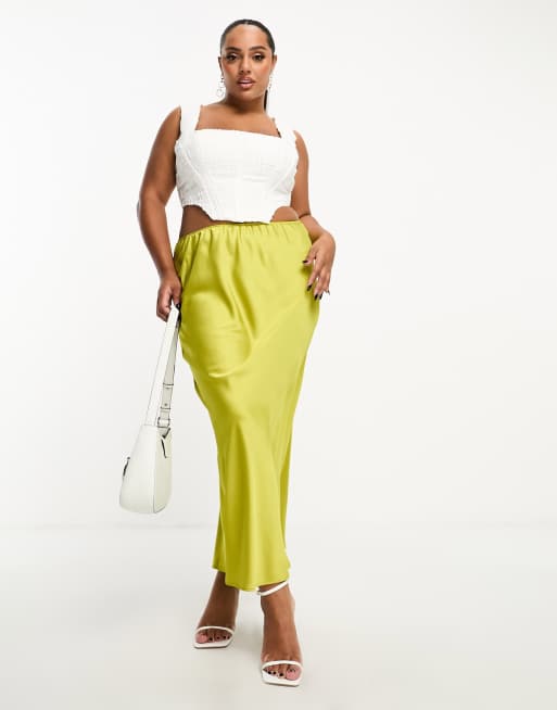 ASOS DESIGN Curve – Asymmetrisch geschnittener Midirock aus Satin in Chartreuse-Gelb 