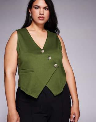 ASOS DESIGN Curve - Asymmetrisch geschnittenes Westen-Top aus Jersey-Twill in Olivgrün